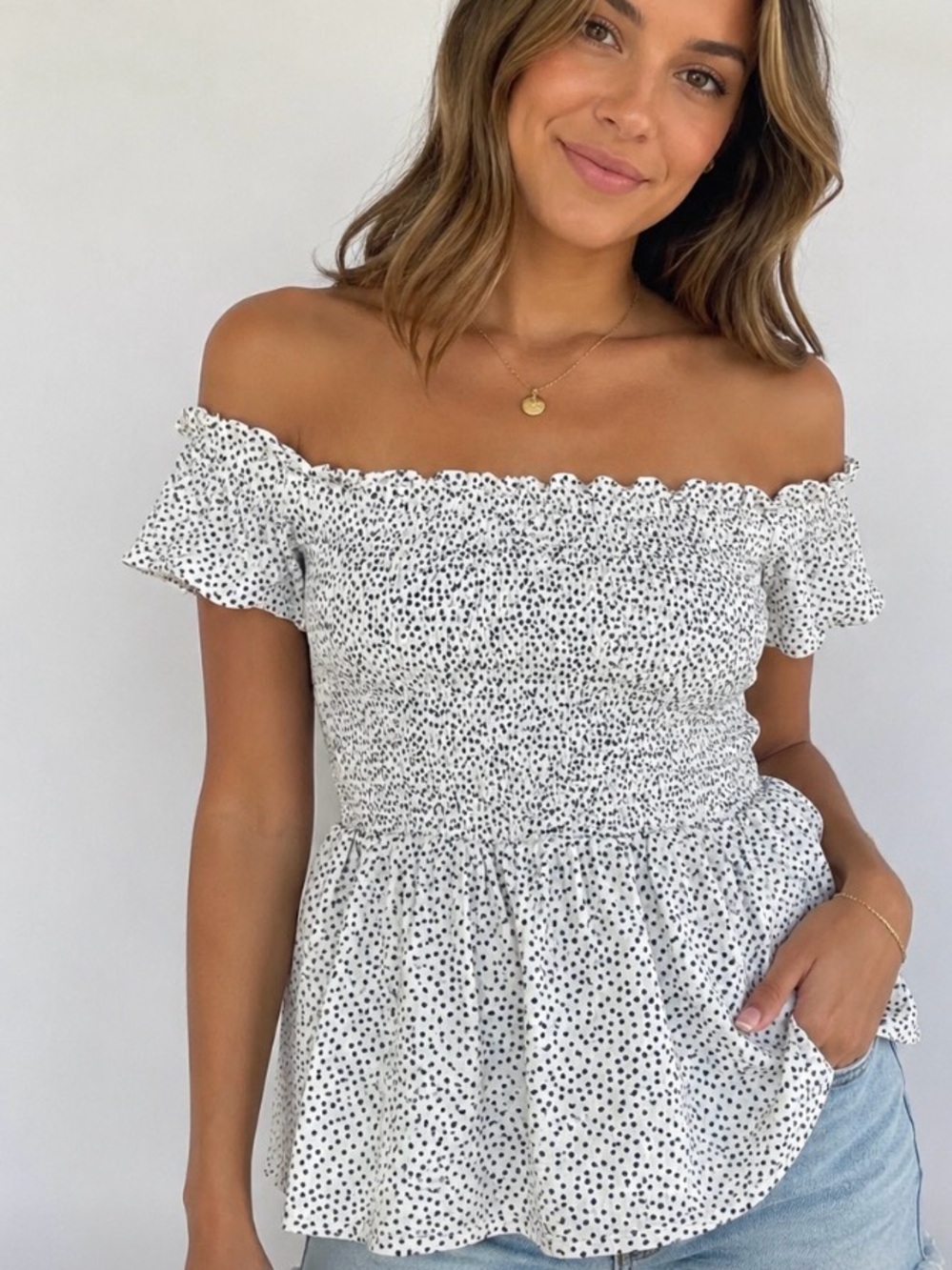 Old Navy White Off-Shoulder Polka Dot Top with Navy Dots
